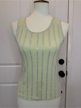Sleeveless Rhinestone-Trim Ribbed Tank Top - Light Green
